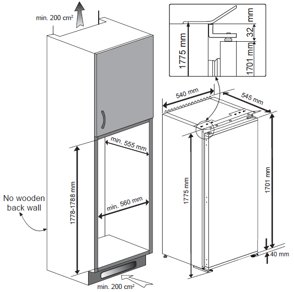 Réfrigérateur encastrable 1 porte froid brassé 178 cm